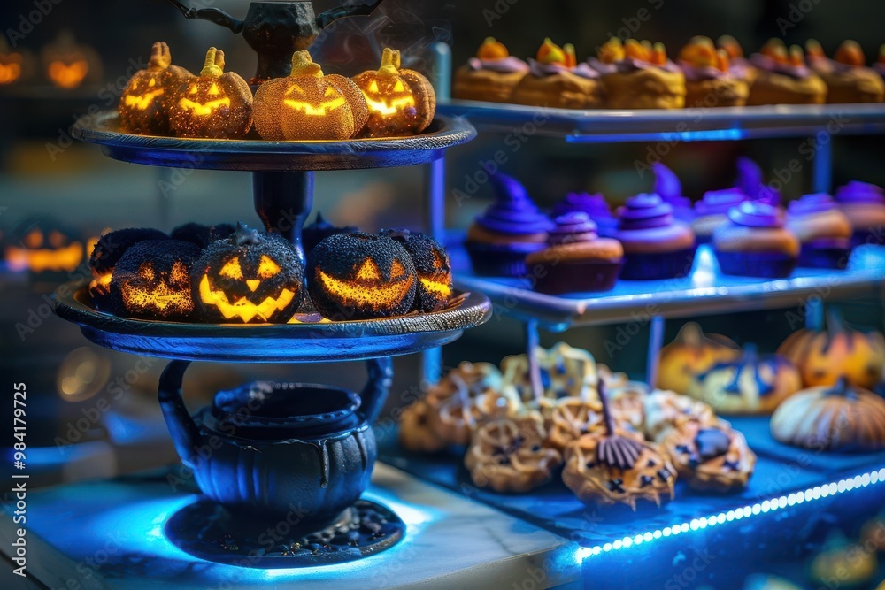Front view of Halloween-themed pastries in a witch s bakery, glowing cauldron cakes and broomstick cookies displayed, cybernetic tone, Complementary Color Scheme Front view of Halloween-themed pastries in a witch s bakery, glowing cauldron cakes and broomstick cookies displayed, cybernetic tone, Complementary Color Scheme