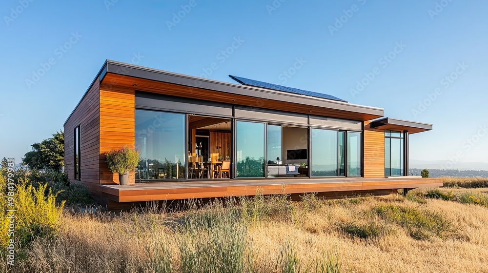 Modern Wooden House with Large Windows and Deck overlooking Grassy Field Modern Wooden House with Large Windows and Deck overlooking Grassy Field