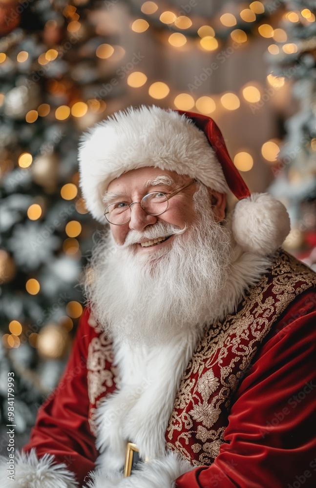 Portrait of Santa Claus standing in decorated room, looking at camera and smiling