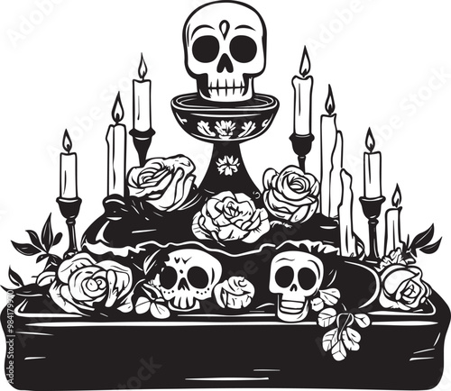 Day of the Dead altar with sugar skulls and candles clean simple vector linear black