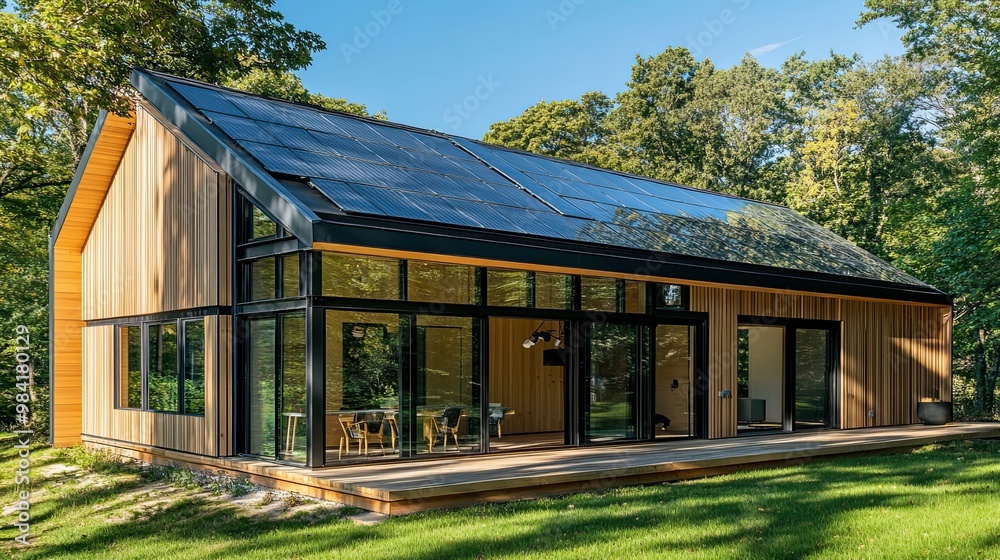 Fototapeta premium Modern wooden house with solar panels and a deck in a wooded area