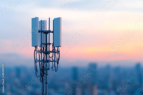A modern cellular tower against a colorful sunset, representing advanced telecommunications technology in an urban setting.