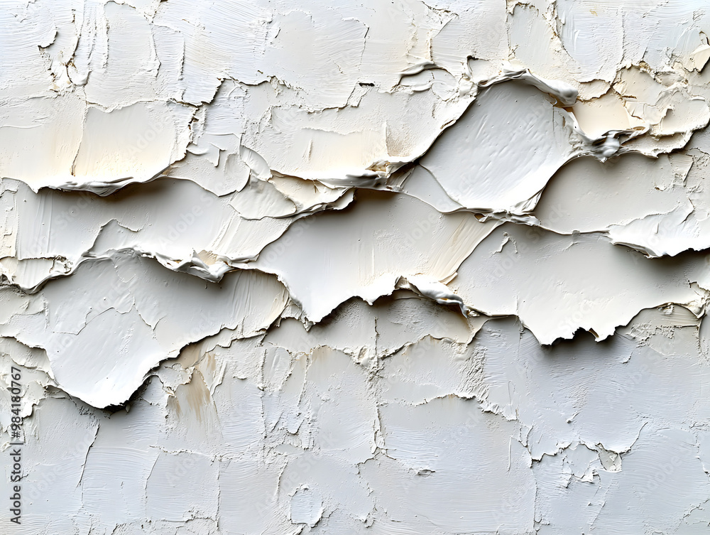 Obraz premium Textured white surface with intricate layers, showcasing peeling paint and a unique art form, perfect for backgrounds and designs.