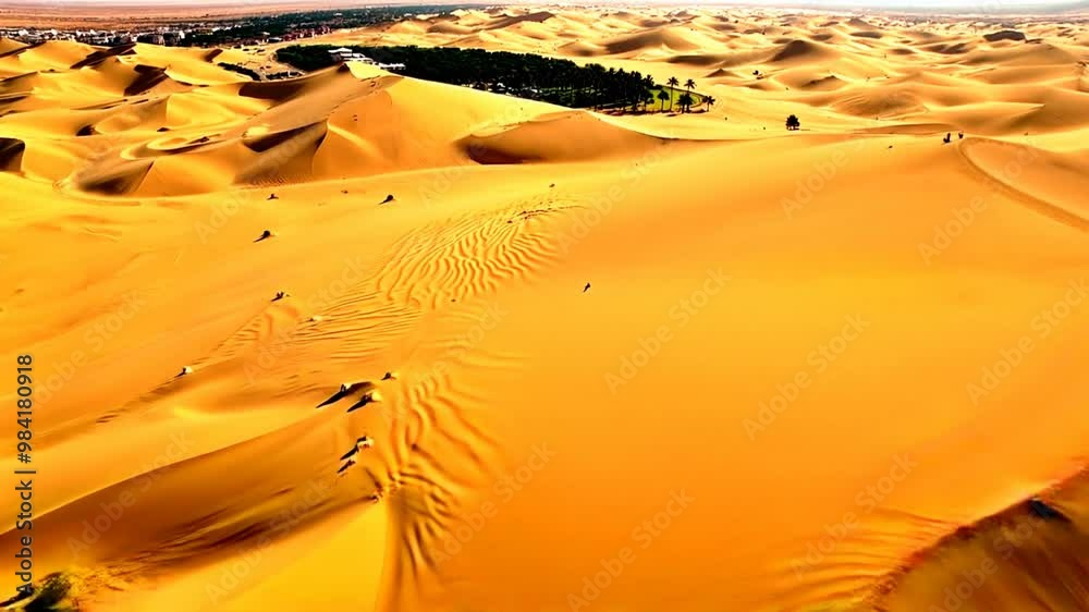vue aérienne immersive depuis un drone survolant un désert doré avec oasis, le vent souffle sur les dunes, créant des vagues mouvantes sur le sable sous une lumière naturelle douce et chaude