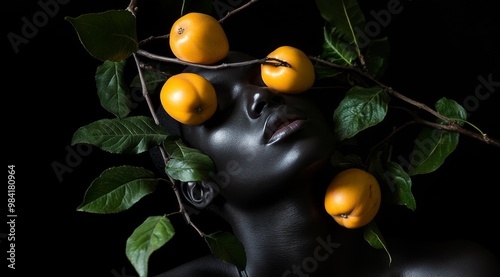 An artistic depiction of a black-painted person with leafy branches and orange fruits on a dark background, emphasizing nature and harmony. photo