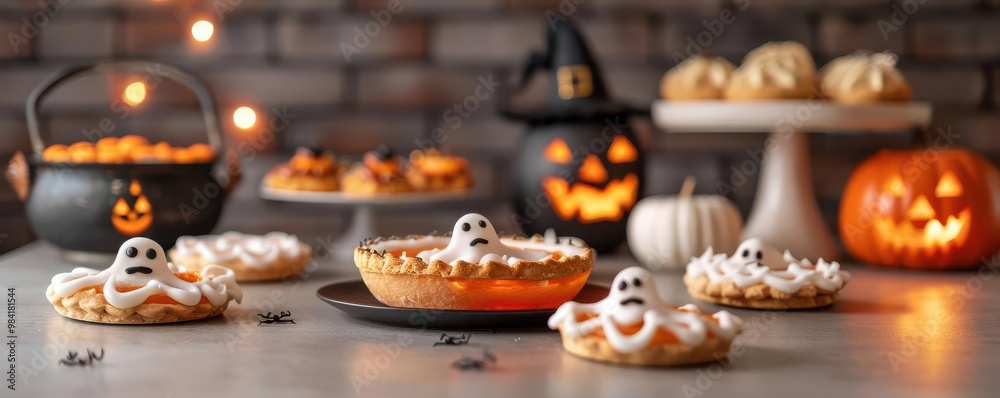 Halloween-themed treats at a witch's bakery with haunted cauldron pies and glowing ghost cookies, cybernetic tone, Complementary Color Scheme Halloween-themed treats at a witch's bakery with haunted cauldron pies and glowing ghost cookies, cybernetic tone, Complementary Color Scheme