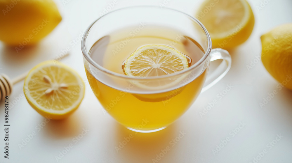 Lemon tea in clear glass cup, fresh lemons, natural remedy concept Lemon tea in clear glass cup, fresh lemons, natural remedy concept