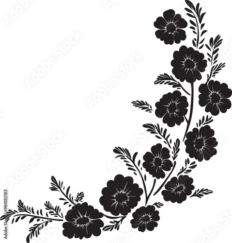 Dia De Los Muertos Marigolds corner clean simple vector silhouette outline black