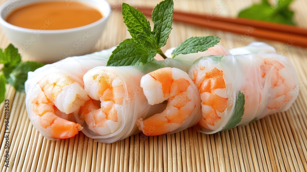 Exquisite Vietnamese Shrimp Spring Rolls with Peanut Sauce on Bamboo Mat with Chopsticks, Culinary Delight on Light Background, Generative AI Exquisite Vietnamese Shrimp Spring Rolls with Peanut Sauce on Bamboo Mat with Chopsticks, Culinary Delight on Light Background, Generative AI
