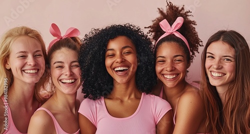 Beautiful, smiling, confident women with a pink ribbon. Breast Cancer Awareness Month concept.