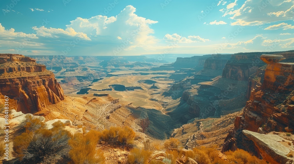 Fototapeta premium Breathtaking view of the Grand Canyon under a partially cloudy sky, showcasing the majestic landscape and natural formations.