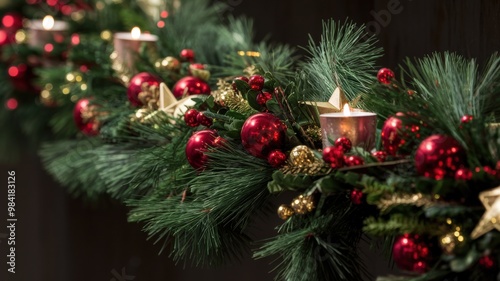 Festive Christmas Garland with Red and Gold Decorations