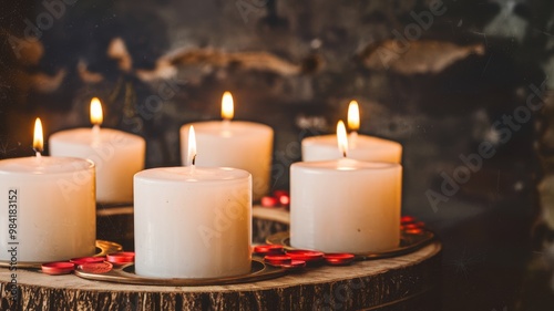 Serene Candles on Wooden Base with Romantic Accents