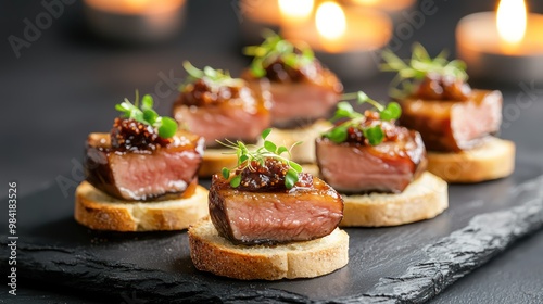 Exquisite Foie Gras Crostini Platter with Fig Jam and Microgreens in Elegant Candlelit Fine Dining Ambiance, Generative AI