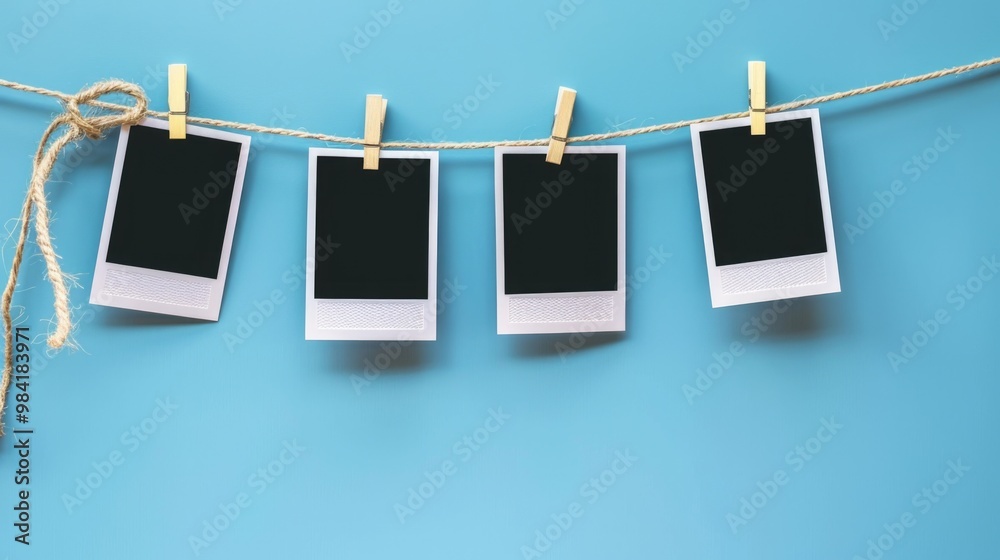 Hanging Photo Frame. Blank Polaroid Frames on Clothesline with Black Border Hanging Photo Frame. Blank Polaroid Frames on Clothesline with Black Border