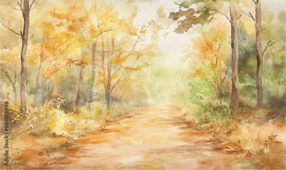 Fototapeta premium Watercolor Background of a Forest Path soft watercolor strokes in shades of brown, yellow, and green, evoking a walk through the woods in autumn 