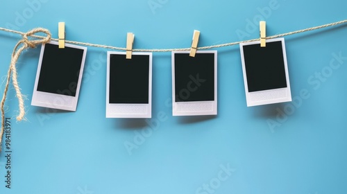 Hanging Photo Frame. Blank Polaroid Frames on Clothesline with Black Border