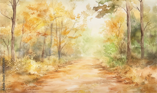 Watercolor Background of a Forest Path soft watercolor strokes in shades of brown, yellow, and green, evoking a walk through the woods in autumn 