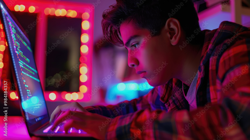 Obraz premium A teenager focuses on coding at a laptop, surrounded by colorful LED lights that create a lively atmosphere during night hours