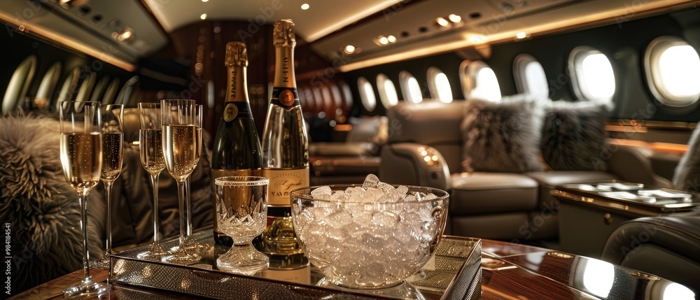 Fototapeta premium Luxurious private jet interior with champagne on a table, highlighting luxury travel and high-end lifestyle.