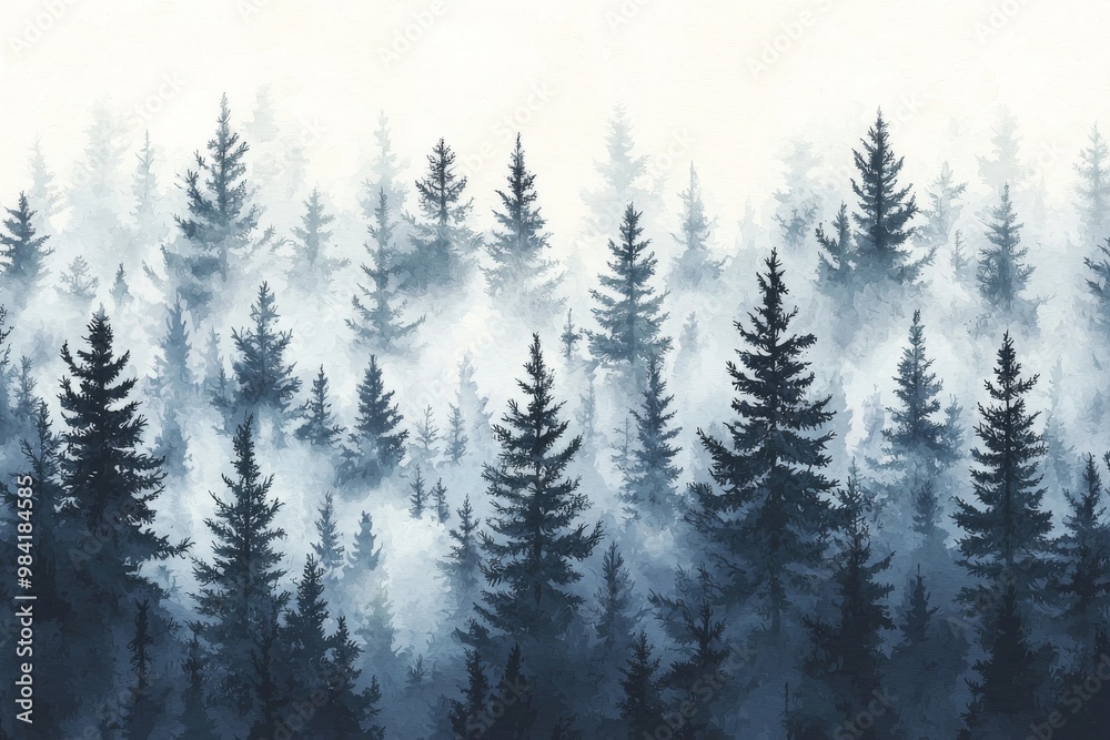 Fototapeta premium Enchanting Foggy Spruce Forest Seamless Pattern on White Background