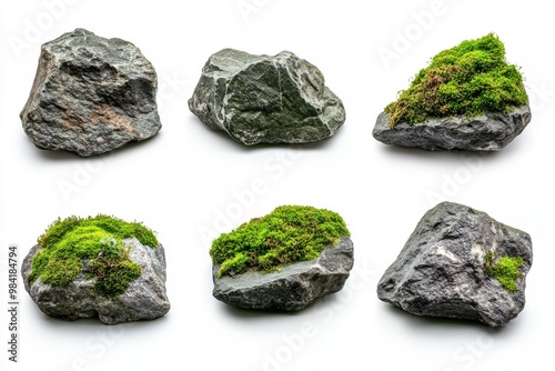 Six moss-covered natural rocks with uneven surfaces, detailed texture, organic shapes