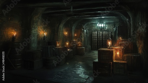 Mysterious Dungeon Passageway in a Dimly Lit, Gothic Castle