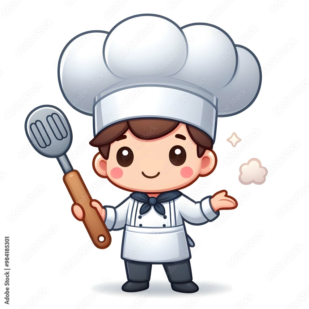 Isolated flat-style illustration of cute chef with spatula on wite background.
Isolated flat-style illustration of cute chef with spatula on wite background.