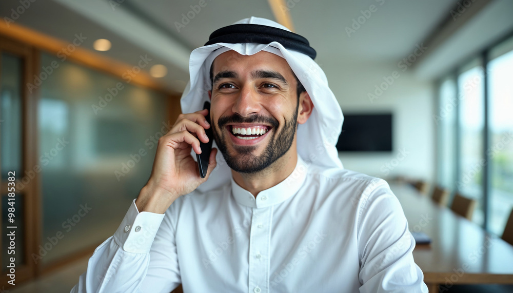 Cheerful handsome young Arabian CEO man in white clothes talking on cellphone in office boardroom, looking away with toothy smile, laughing, making call, enjoying communication, business success Cheerful handsome young Arabian CEO man in white clothes talking on cellphone in office boardroom, looking away with toothy smile, laughing, making call, enjoying communication, business success