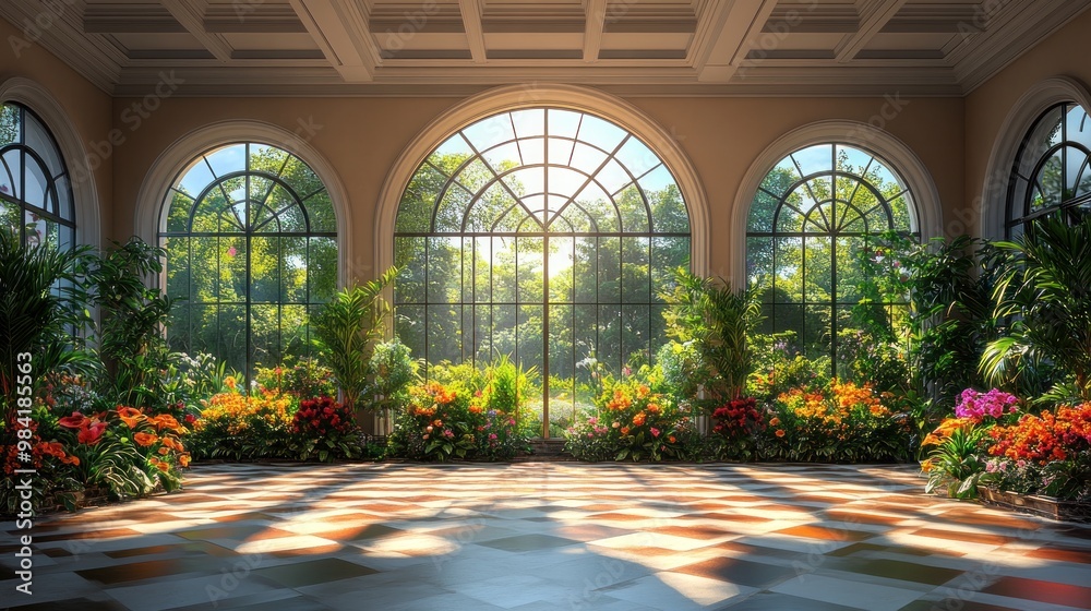 Lush indoor garden with vibrant flowers and sunlight streaming in. Lush indoor garden with vibrant flowers and sunlight streaming in.
