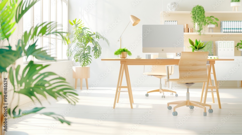 Fototapeta premium Modern Bright Home Office with Wooden Furniture and Green Plants.