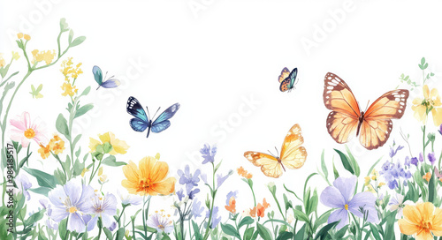 Watercolor wild flowers and butterflies border design on a white background, using pastel colors.