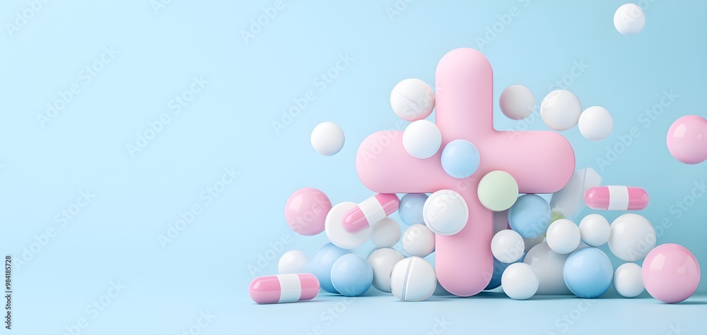 Cross made from assorted medication pills, health and wellness concept, minimalistic setup, 3D illustration Cross made from assorted medication pills, health and wellness concept, minimalistic setup, 3D illustration