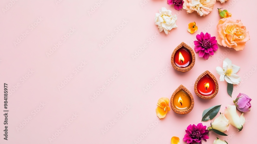 Burning Diwali diya oil lamps with flowers. Beautiful happy Diwali background. Indian festival of lights. Burning Diwali diya oil lamps with flowers. Beautiful happy Diwali background. Indian festival of lights.