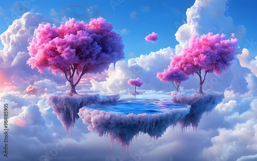 Floating islands of vivid colors and shapes in a surreal sky, a journey into creative imagination, Surreal color, Imaginative fantasy photo