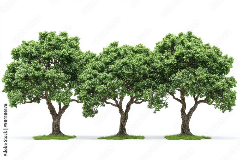 Three large, majestic trees with dense green foliage, detailed bark texture, isolated Three large, majestic trees with dense green foliage, detailed bark texture, isolated