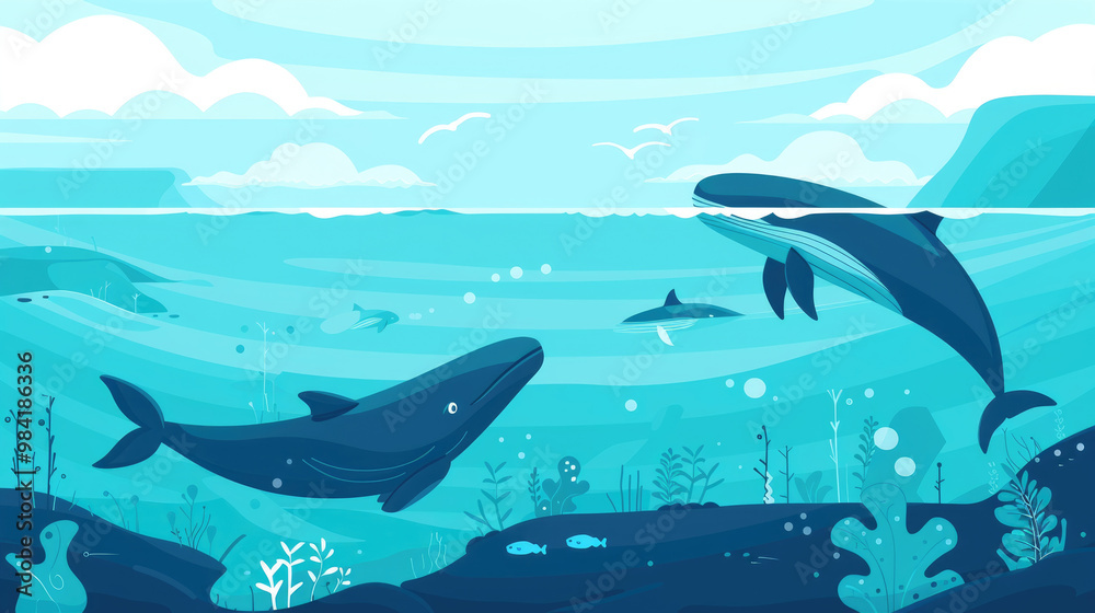 Obraz premium Whales glide through clear blue waters surrounded by diverse marine vegetation and playful fish, showcasing underwater beauty and serenity