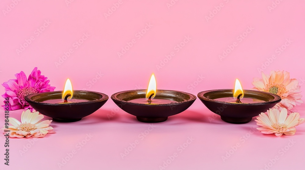 Burning Diwali diya oil lamps with flowers. Beautiful happy Diwali background. Indian festival of lights. Burning Diwali diya oil lamps with flowers. Beautiful happy Diwali background. Indian festival of lights.