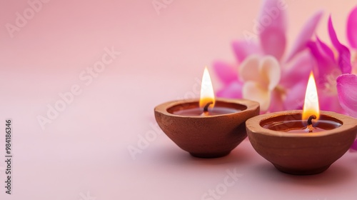 Burning Diwali diya oil lamps with flowers. Beautiful happy Diwali background. Indian festival of lights.