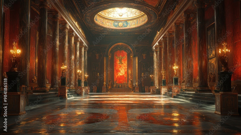 Obraz premium Grand, ornate hall with rich colors and dramatic lighting.
