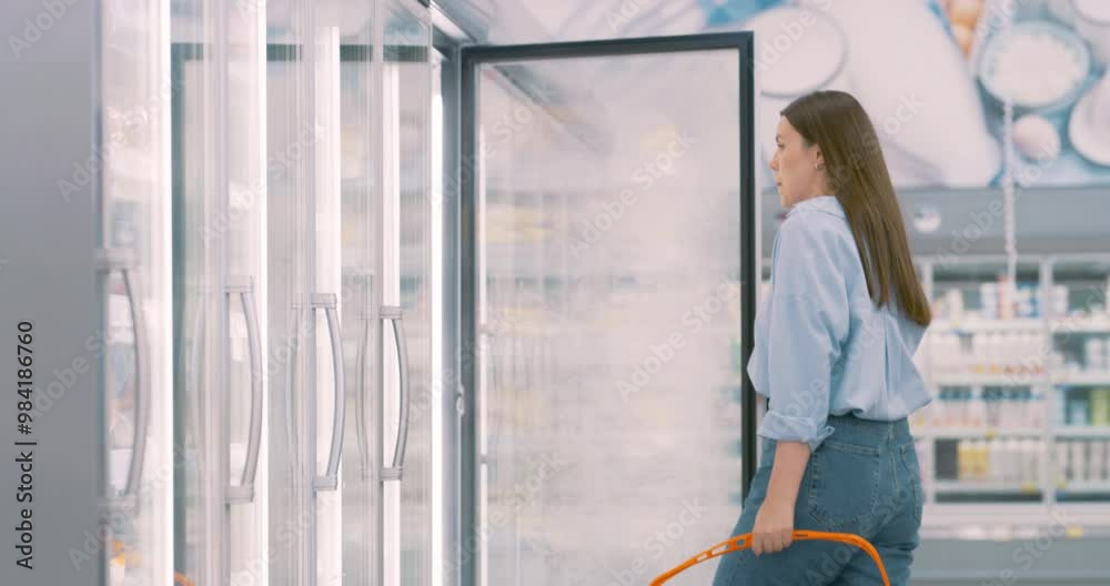 Young Woman in a Jeans Outfit Opens the Refrigerator Door in the Grocery Store, Picking Up a Frozen Pack of Food. She Adds Them to Her Basket, Choosing Nutritious Products for Her Home Young Woman in a Jeans Outfit Opens the Refrigerator Door in the Grocery Store, Picking Up a Frozen Pack of Food. She Adds Them to Her Basket, Choosing Nutritious Products for Her Home