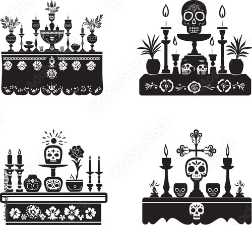 Collection of Dia De Los Muertos or Day of the Dead altar clean simple vector silhouette outline black