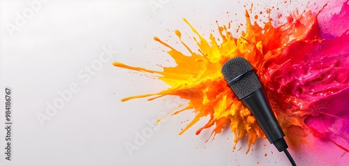 Microphone with artistic splashes, dynamic energy, creative expression, watercolor style photo