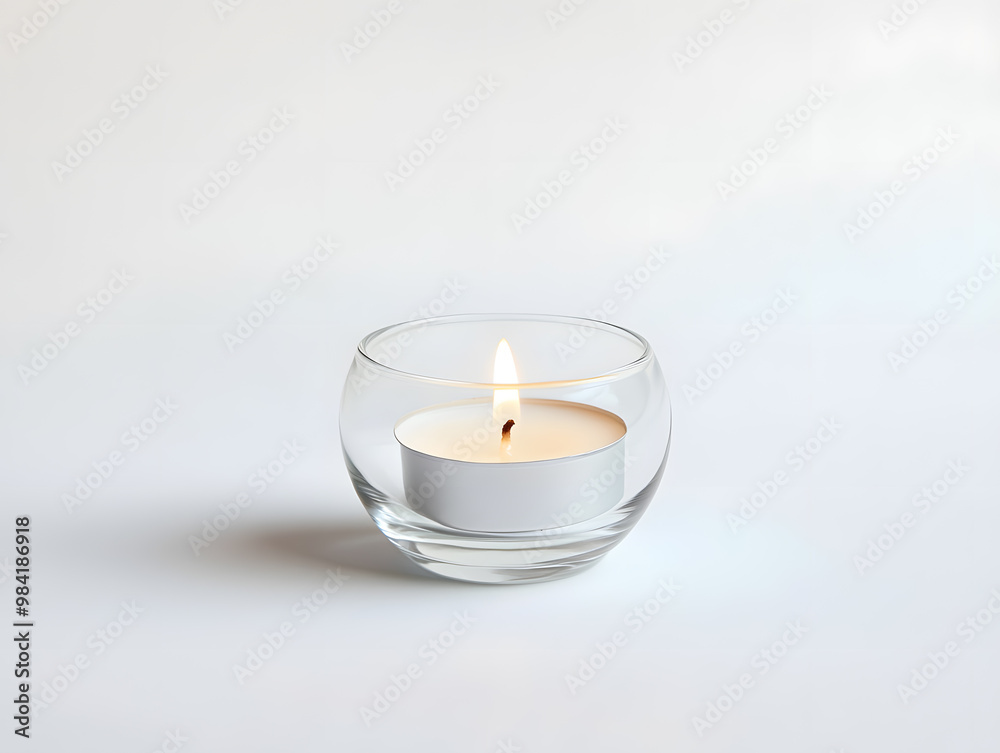 Small white candle burning inside a clear glass holder mock up isolated on white background Small white candle burning inside a clear glass holder mock up isolated on white background