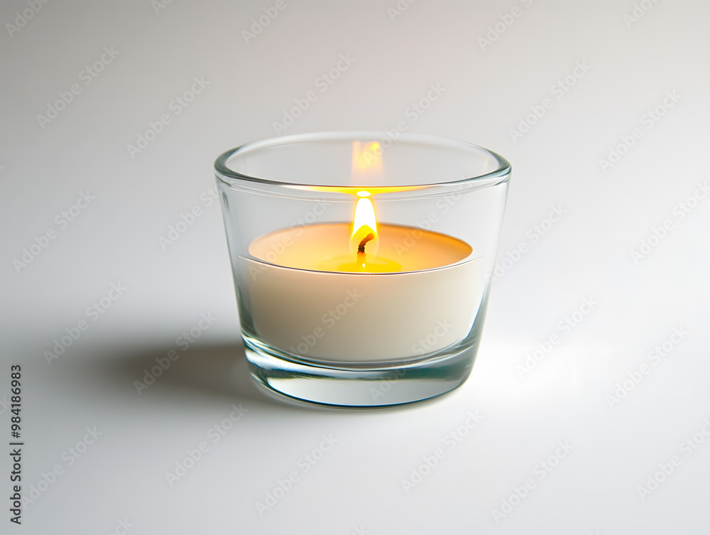 Small white candle burning inside a clear glass holder mock up isolated on white background Small white candle burning inside a clear glass holder mock up isolated on white background