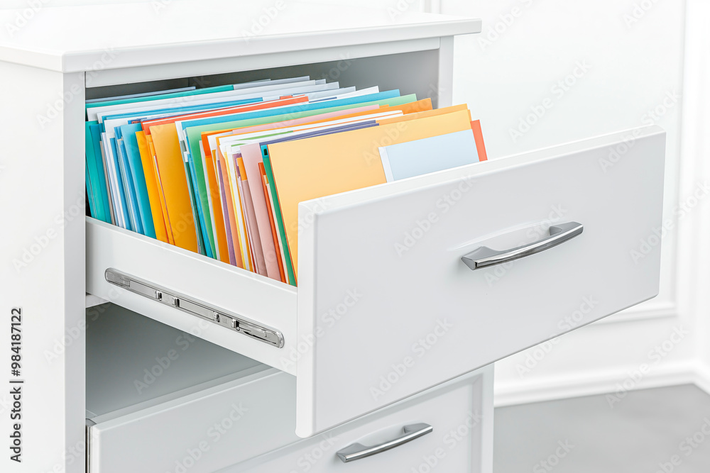An open white filing cabinet drawer filled with colorful folders, organized office documents and file management An open white filing cabinet drawer filled with colorful folders, organized office documents and file management