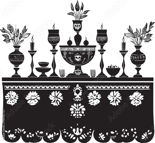 Dia De Los Muertos or Day of the Dead altar clean simple vector silhouette outline black