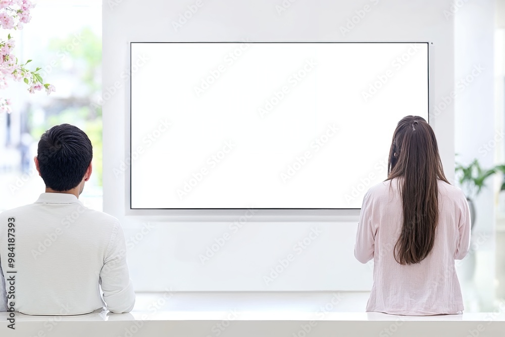 Mockup of a two people in a meeting room with a screen