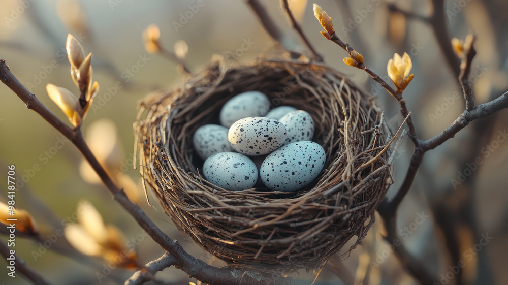 A bird's nest with speckled eggs on tree branches with blossoms.