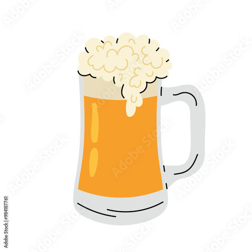 A glass pint of light frothy beer. Oktoberfest. Cold beer icon in flat style on white background.